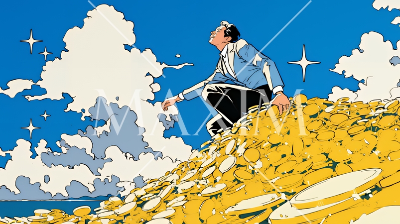 マネーゲームの勝者：金貨の山の登頂に挑み成功した姿で表現