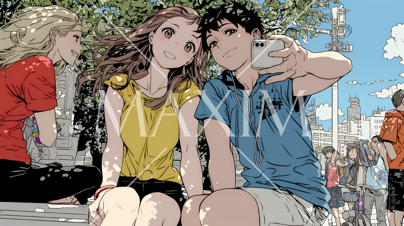 スマホで自撮りしている若いカップル