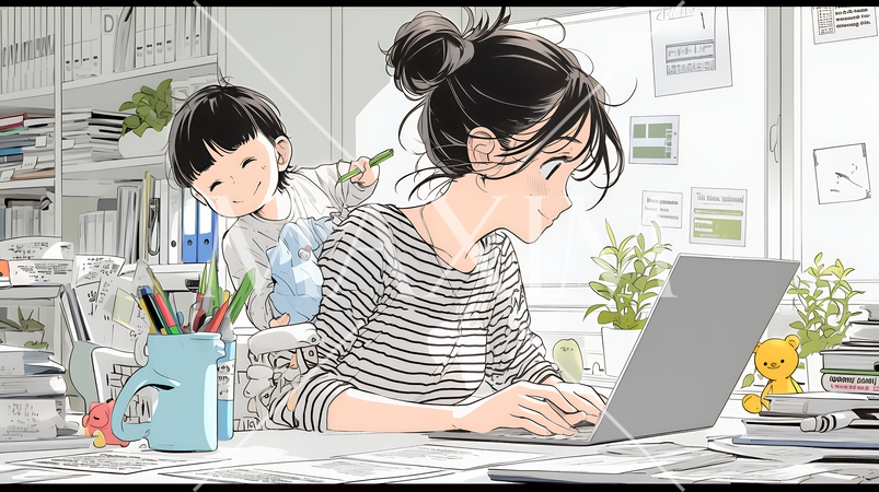 自宅でのリモートワークの場面：子どもが気になって集中できない