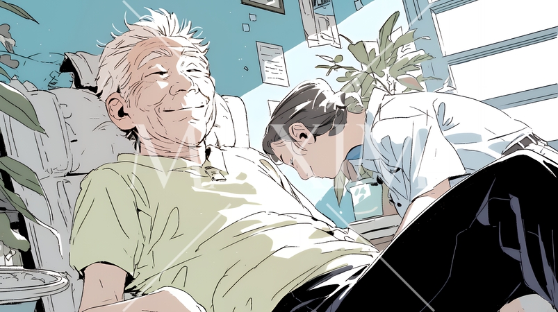 老人福祉施設でゆったりと過ごす老人と仲の良い介護士