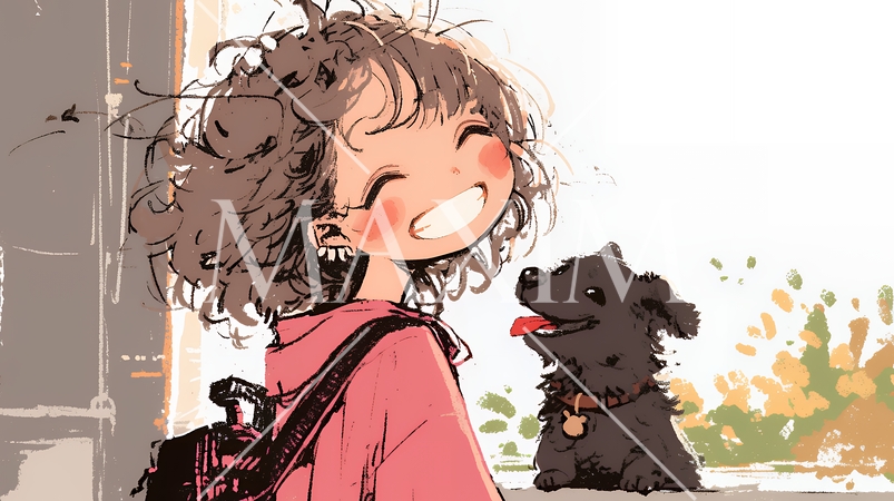 愛犬と散歩をしている女の子（クレヨン＋水彩画風）