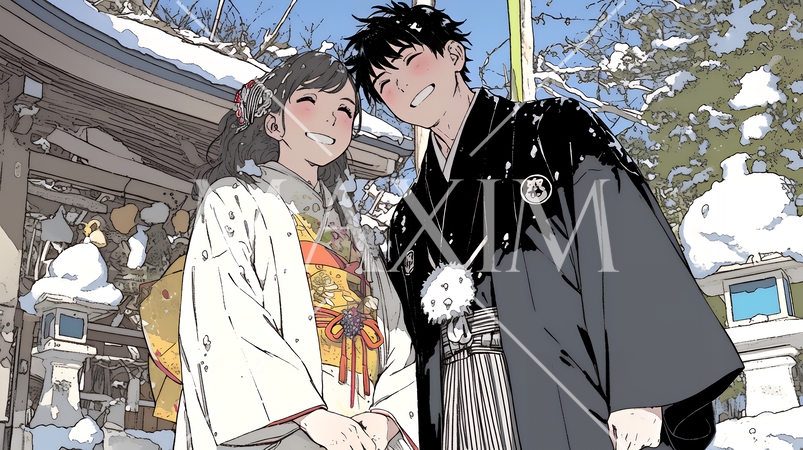 初詣をしている若い恋人カップル