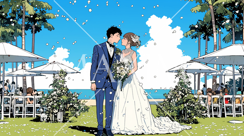 海辺で結婚式を挙げている若い男女