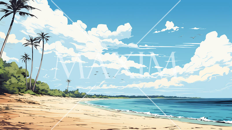 南国の島の浜辺と青い空のイラスト