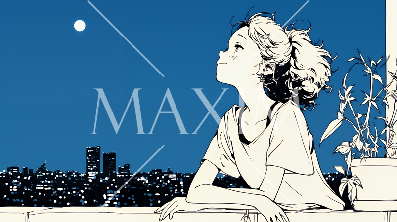 ベランダで夜風に当たりながら都会のランドスケープを眺め休む若い女性（シンプルな色使い）