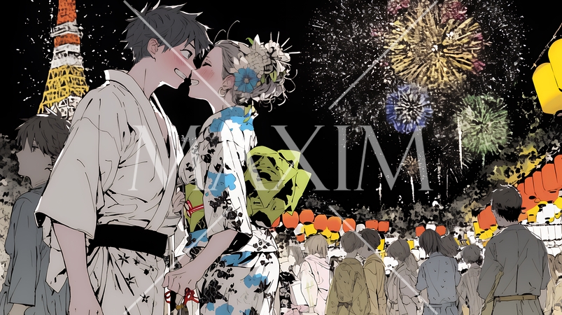 縁日屋台が立ち並び、賑わいを見せる祭りの夜