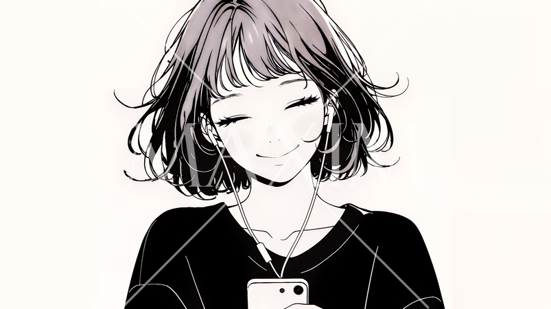 楽しそうにスマホ画面を眺めている若い女性（シンプルな色使い）