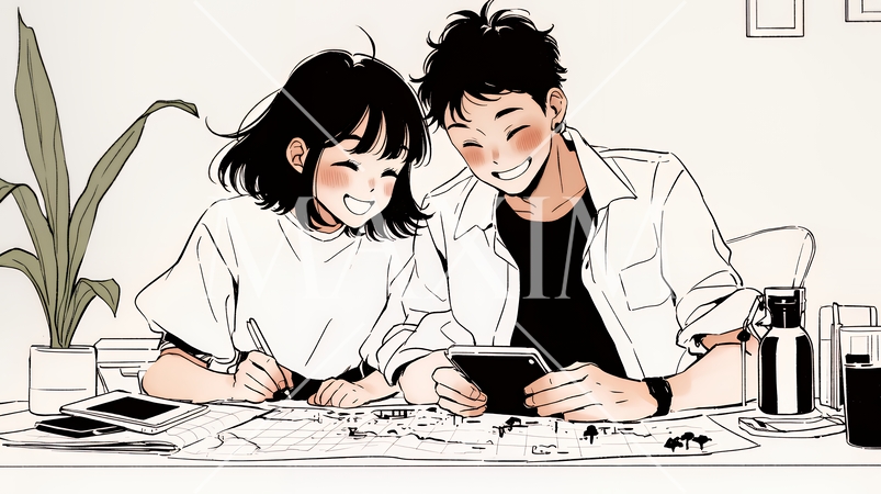 仲良く二人で旅行の計画を立てている若いカップル（シンプルな色使い）