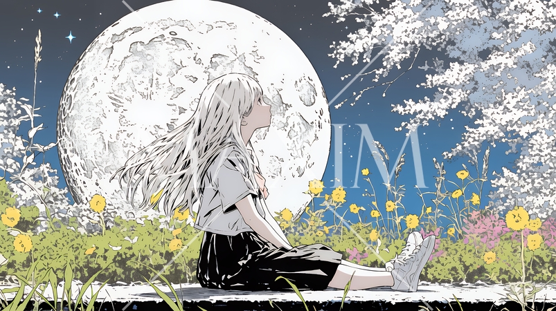 月見をしている若い女性