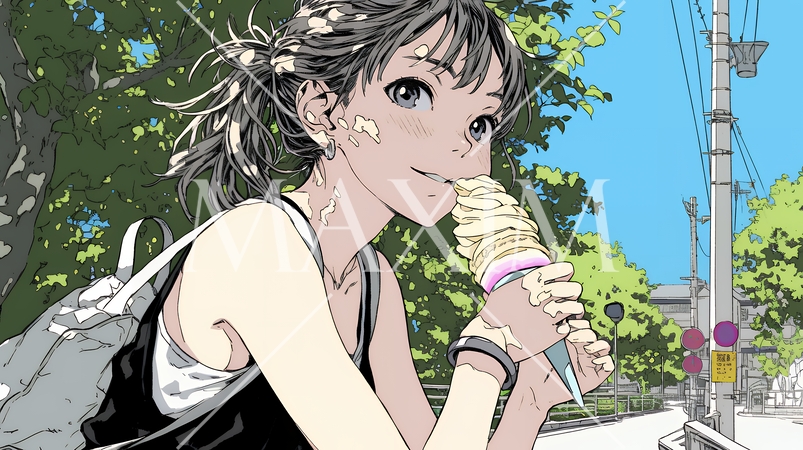 夏空の下でソフトクリーム（コーンに乗ったアイスクリーム）をたべる若い女性