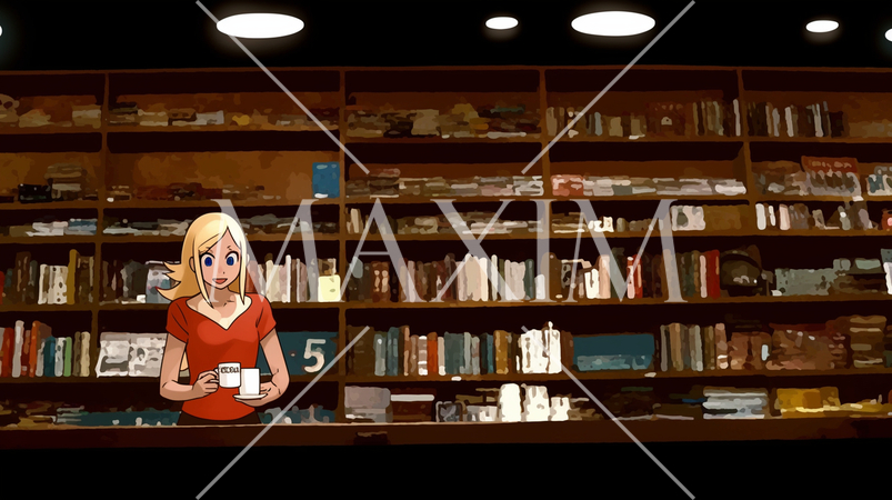 たくさんの本の詰まっている書棚の前でコーヒーブレイクの女性