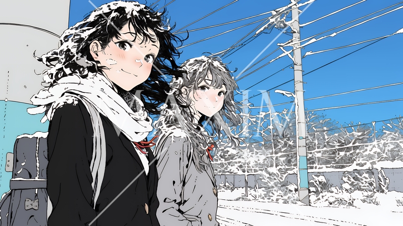 雪の日に友達と通学する女子高生