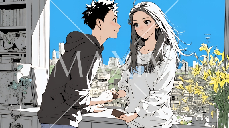 バレンタインディのチョコを男性に渡そうとしている若い女性