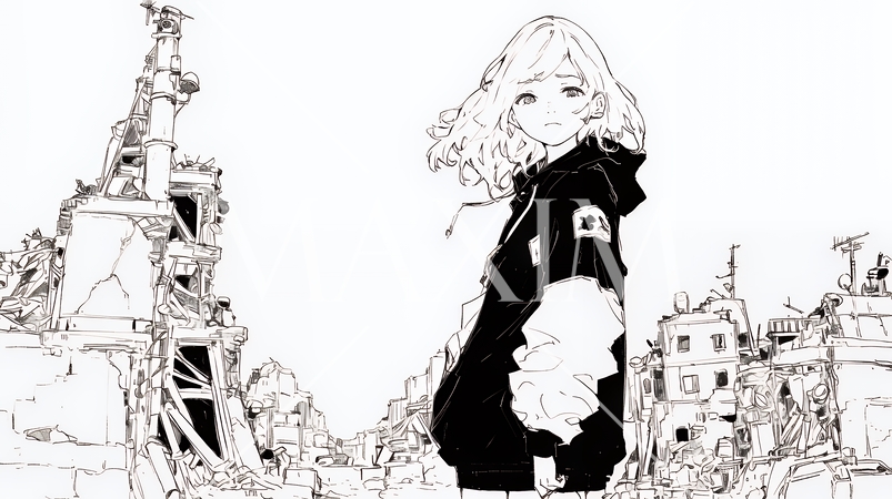 震災や空爆などで破壊された街で孤独に立ちすくむ若い女性（シンプルな色合い）