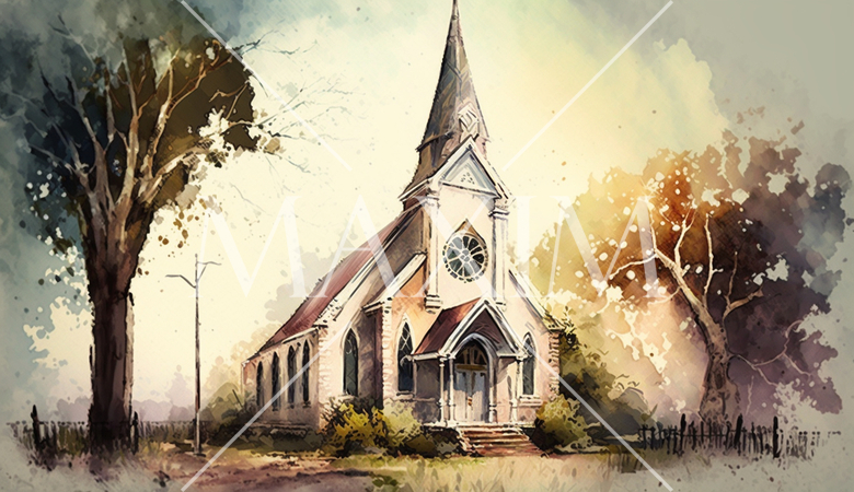 山間に建つ教会（チャペル）の水彩画