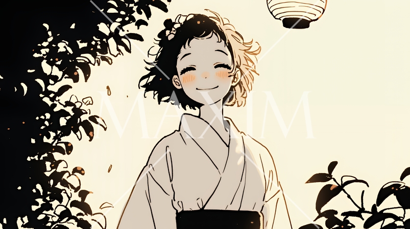 浴衣姿で夕涼みをしている若い女性（シンプルな色使い）