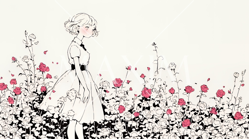 バラ園を散策している若い女性（シンプルな色使い）