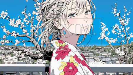 満開の梅の花と和服姿の若い女性（イラストID:877641-20436）
