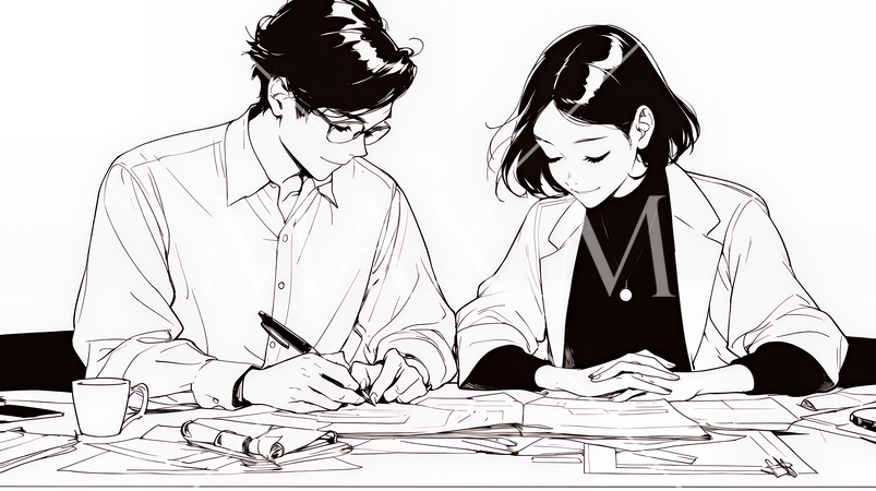 OJT：　上司から仕事の手順の説明を受けている女性社員（シンプルな色使い）