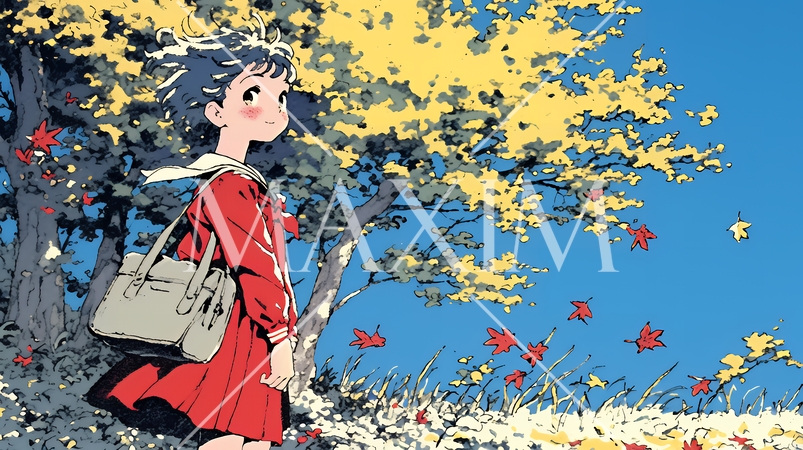 紅葉の小径を歩く若い女性