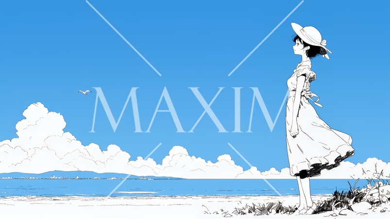 一人旅の若い女性と夏のビーチの風景（シンプルな色使い）