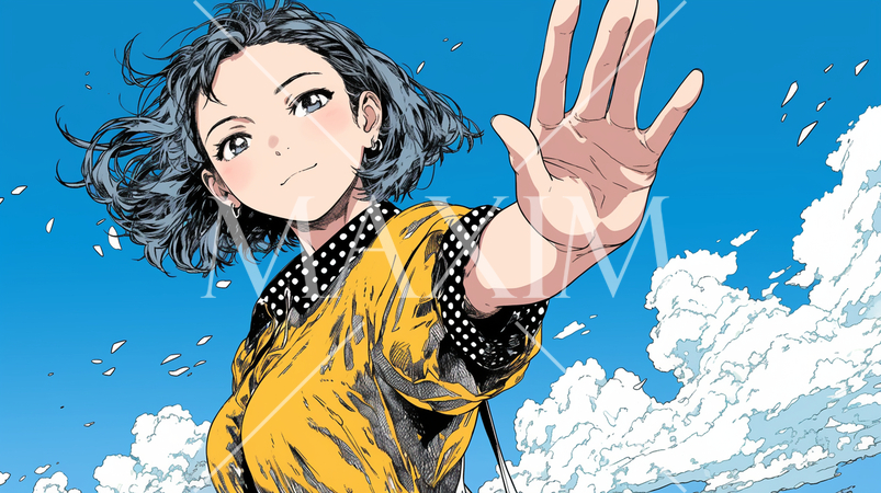 手を振って制止している若い女性