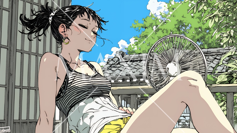 暑い夏の昼下がり、扇風機にあたって涼んでいる若い女性