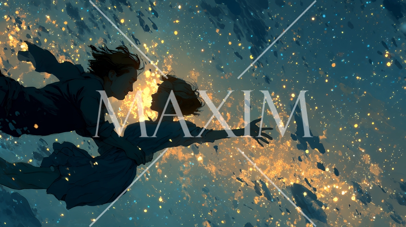 宇宙空間で二人で手を取り合う恋人たち