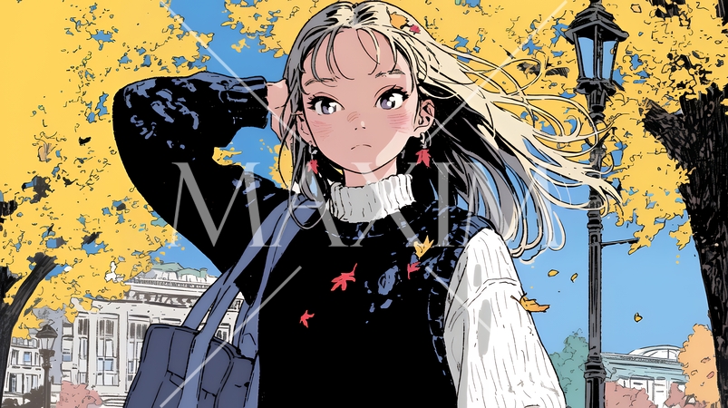 紅葉の秋の公園を歩く若い女性