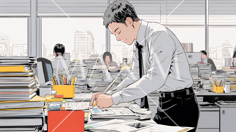 オフィスのデスクで、入念に書類をチェックする男性