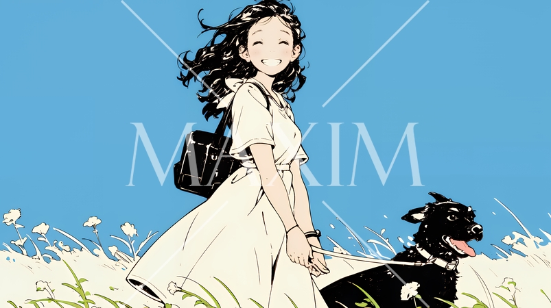 愛犬と散歩している若い女性（シンプルな色使い）