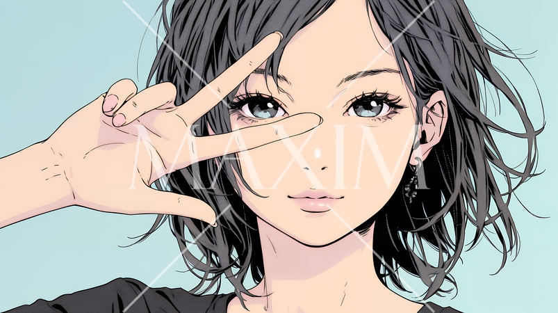 笑顔でピースサインを見せる若い女性