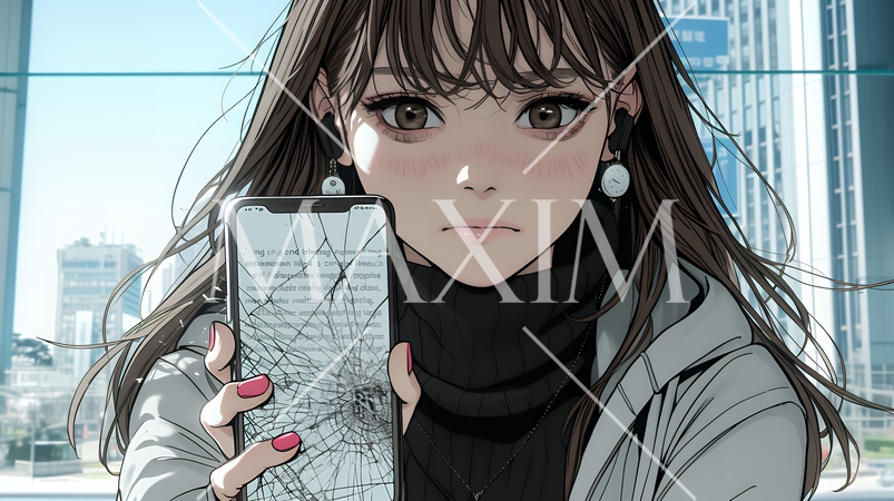 画面が激しく割れているスマートフォンを手にしているいる若い女性