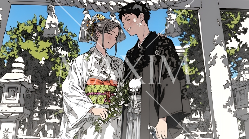 初詣をしている若い恋人カップル