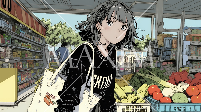 スーパーマーケットで買い物をしている若い女性