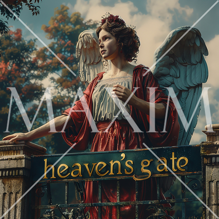 閉ざされた天国の門：生気も表情もない門番の天使が門を固く閉じている：古い宗教画調で表現