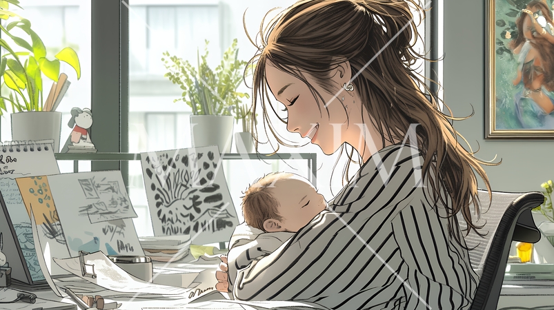 赤ん坊を抱きながらデスクワークをしている女性