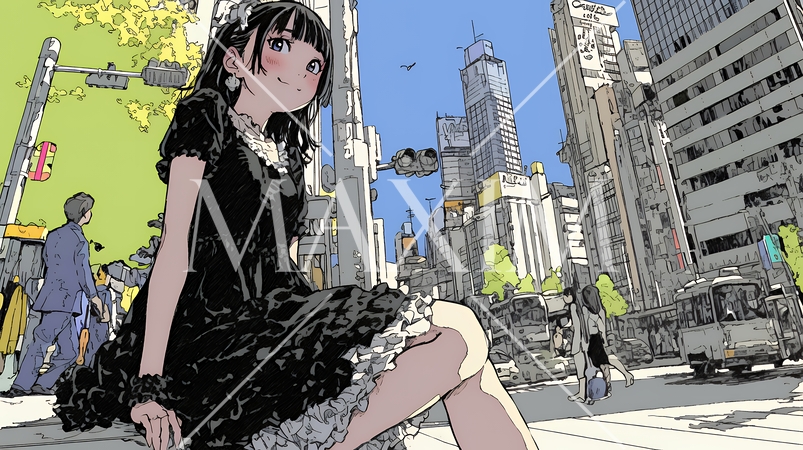 ハロウィン：ゴシックロリータファッションで町を歩く若い女性