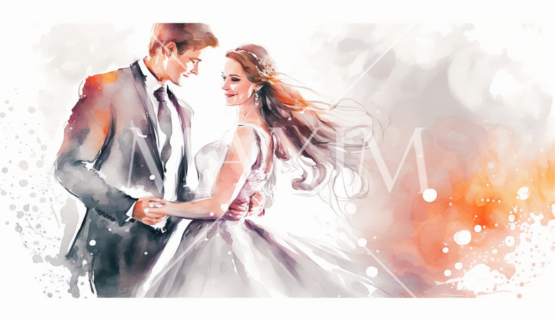 ウェディングダンス： 新郎新婦がボールルームダンスを踊る場面。華やかでロマンチックな雰囲気。