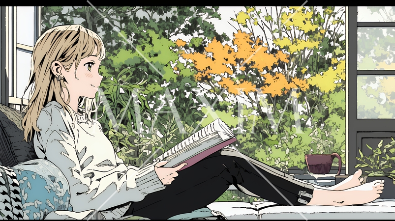 読書の秋：リビングルームで本を読んでいる若い女性