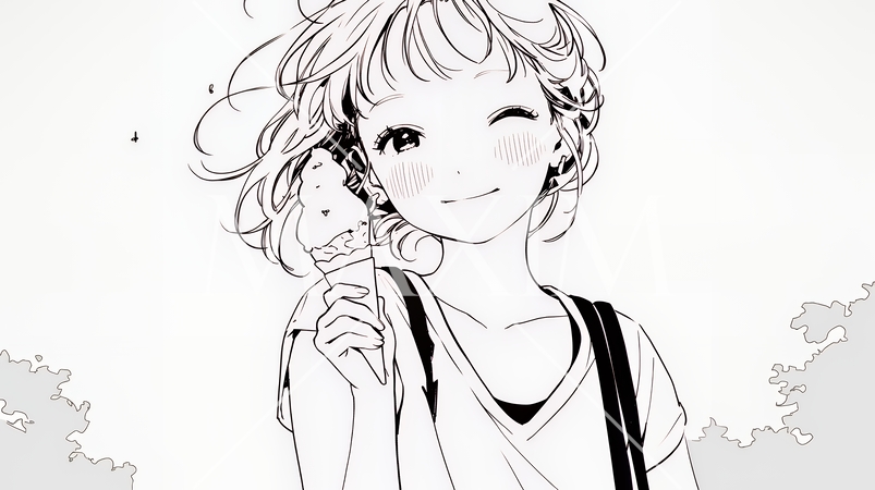 夏空の下でソフトクリーム（コーンに乗ったアイスクリーム）をたべる若い女性（シンプルな色使い）