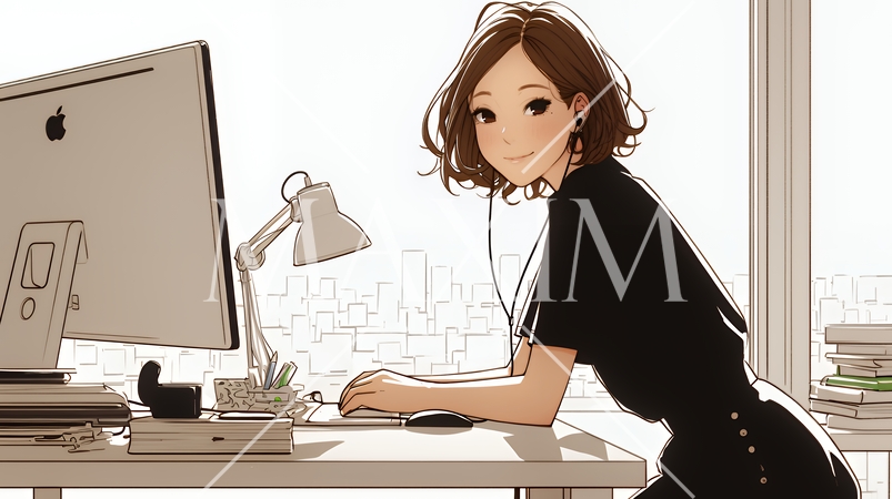 職場のデスクでパソコンに向かって仕事をしているビジネスウーマン（シンプルな色使い）