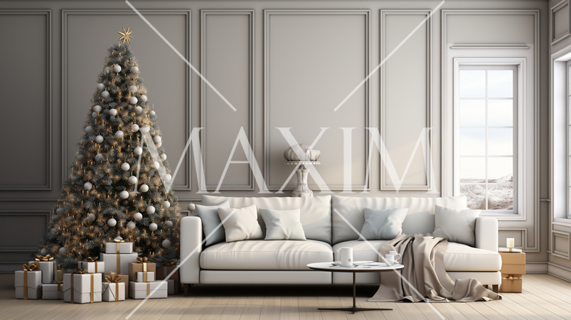 クリスマスツリー飾りのある白基調の居間
