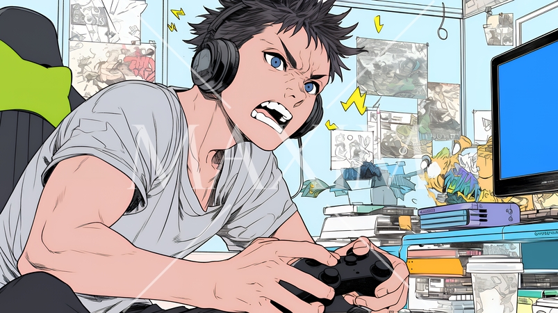 対戦型テレビゲームに没頭している若い男性