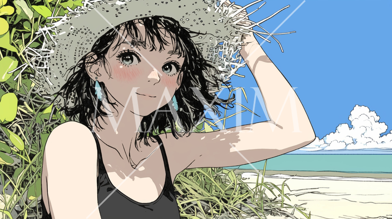 南国の海岸にビキニ姿でいる若い女性