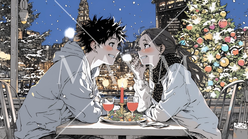 クリスマスディナーを楽しんでいる若いカップル