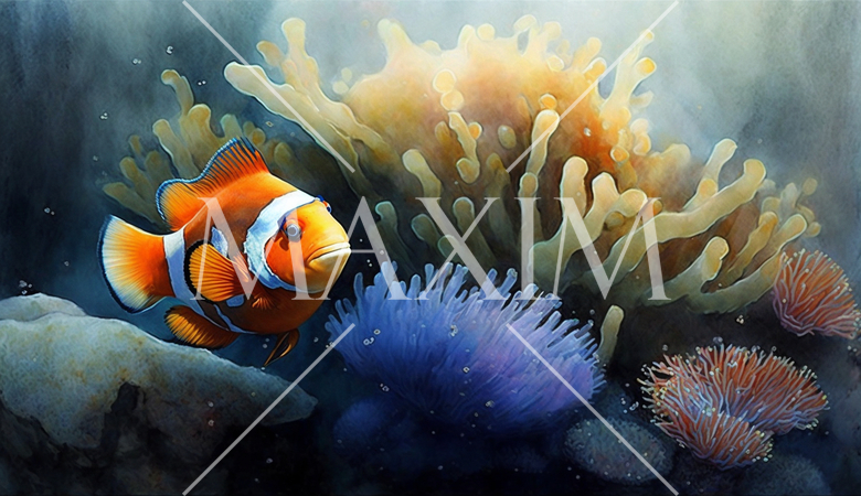 クマノミ：珊瑚礁を泳いでいるクマノミの水彩画