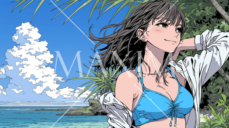 南国の海岸にビキニ姿でいる若い女性