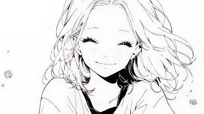 「うふふ」と微笑んでいる若い女性（シンプルな色使い）