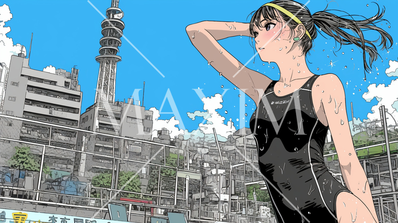 スクール水着を着ている女学生